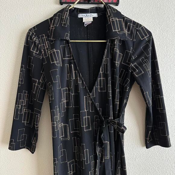 Vintage La Belle black gold retro abstract 3/4 sleeve wrap midi dress size S - Picture 9 of 10